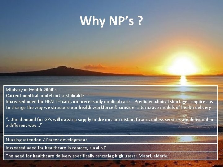 Why NP’s ? Ministry of Health 2000’s - Current medical model not sustainable -