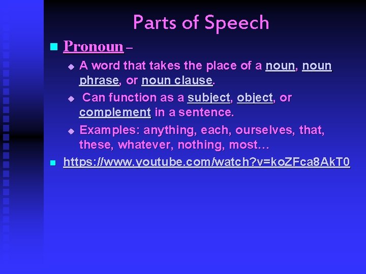 Parts of Speech n Pronoun – n A word that takes the place of