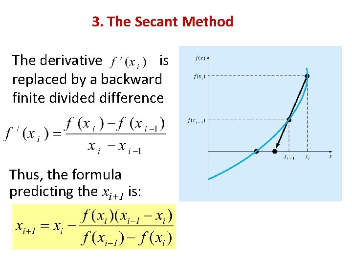 3. The Secant Method The derivative is replaced by a backward finite divided difference