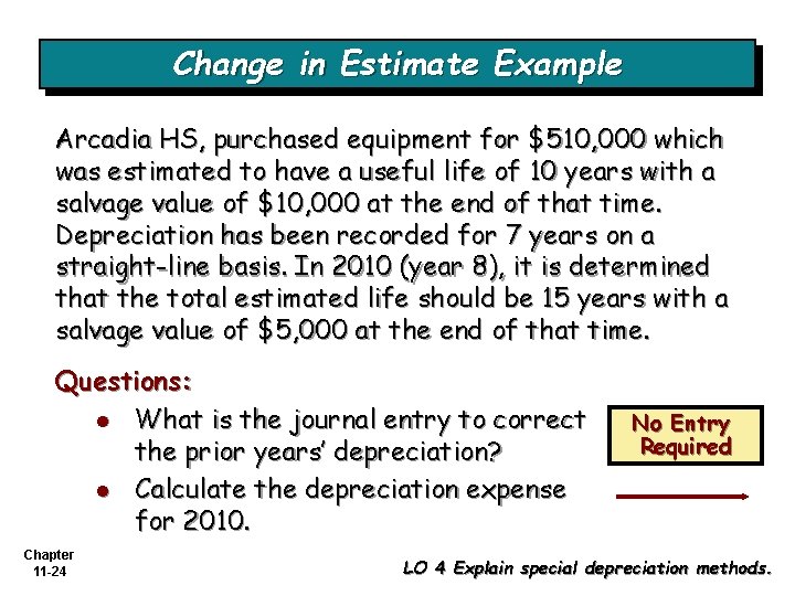 Change in Estimate Example Arcadia HS, purchased equipment for $510, 000 which was estimated