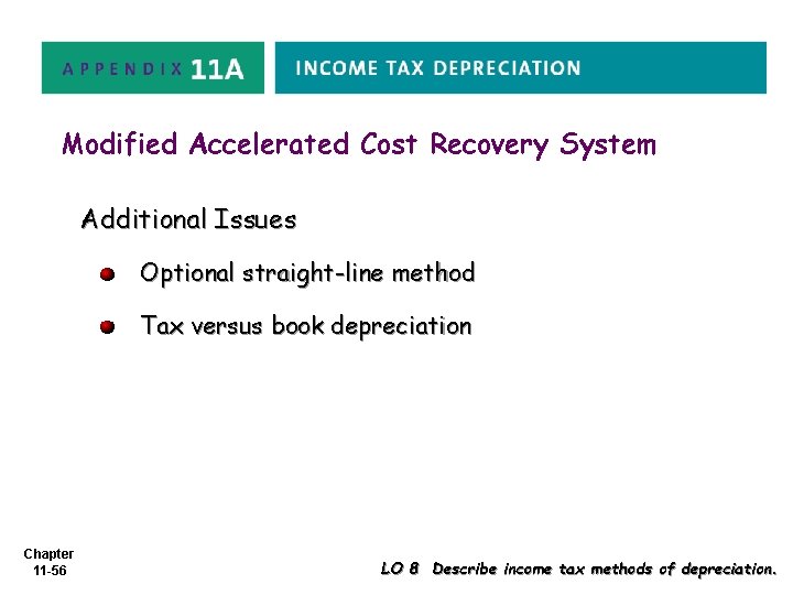 Modified Accelerated Cost Recovery System Additional Issues Optional straight-line method Tax versus book depreciation
