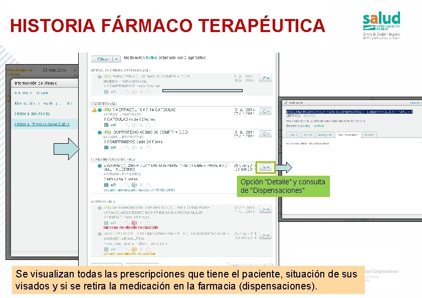 HISTORIA FÁRMACO TERAPÉUTICA Opción “Detalle” y consulta de “Dispensaciones” Se visualizan todas las prescripciones