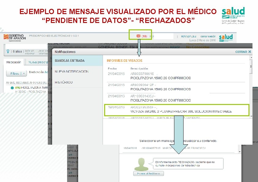 EJEMPLO DE MENSAJE VISUALIZADO POR EL MÉDICO “PENDIENTE DE DATOS”- “RECHAZADOS” 