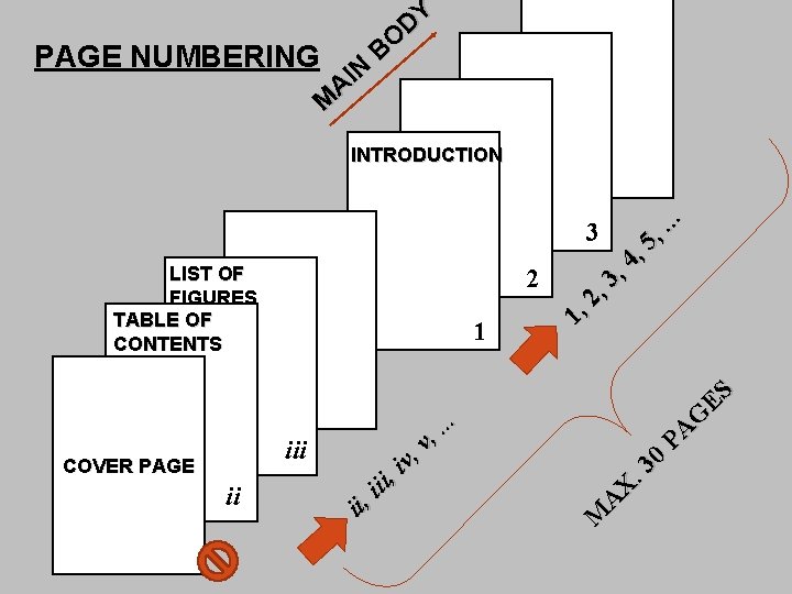 PAGE NUMBERING N I A M DY BO INTRODUCTION LIST OF FIGURES TABLE OF