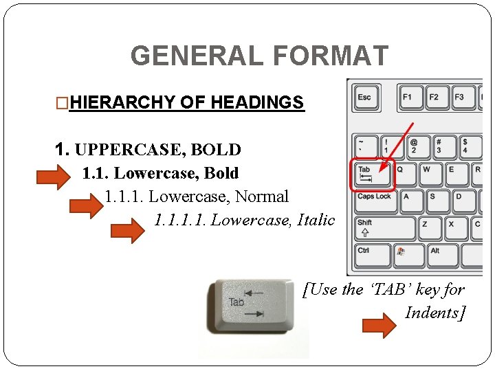 GENERAL FORMAT �HIERARCHY OF HEADINGS 1. UPPERCASE, BOLD 1. 1. Lowercase, Bold 1. 1.