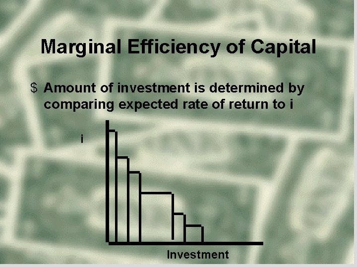 Marginal Efficiency of Capital $ Amount of investment is determined by comparing expected rate