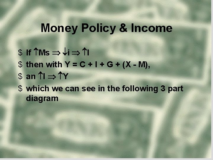 Money Policy & Income $ $ If Ms i I then with Y =