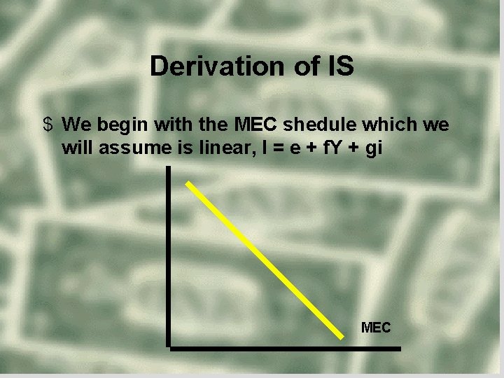 Derivation of IS $ We begin with the MEC shedule which we will assume