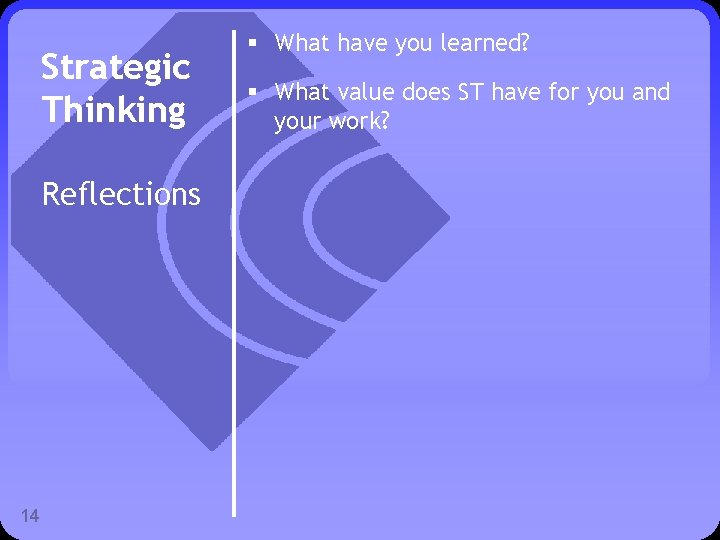 Strategic Thinking Reflections 14 § What have you learned? § What value does ST
