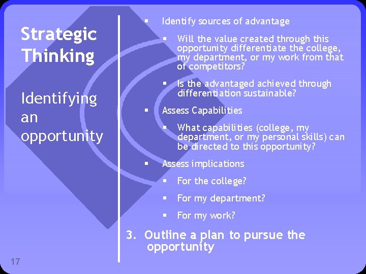 Strategic Thinking Identifying an opportunity § § Identify sources of advantage § Will the