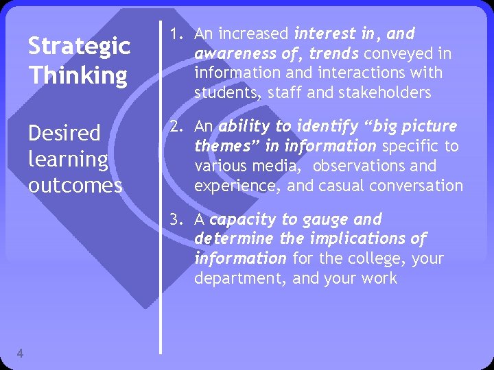 Strategic Thinking 1. An increased interest in, and awareness of, trends conveyed in information