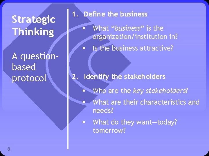 Strategic Thinking A questionbased protocol 8 1. Define the business § What “business” is