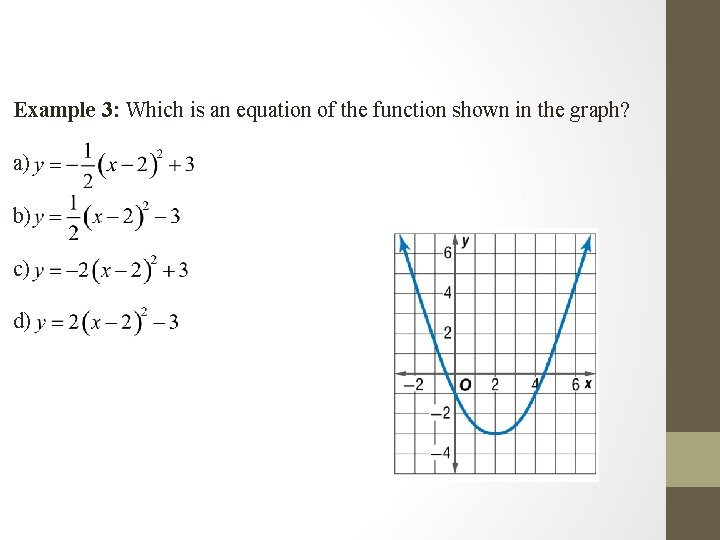 Example 3: Which is an equation of the function shown in the graph? a)