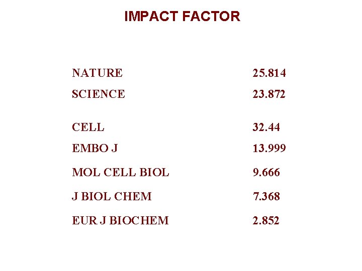 IMPACT FACTOR NATURE 25. 814 SCIENCE 23. 872 CELL 32. 44 EMBO J 13.