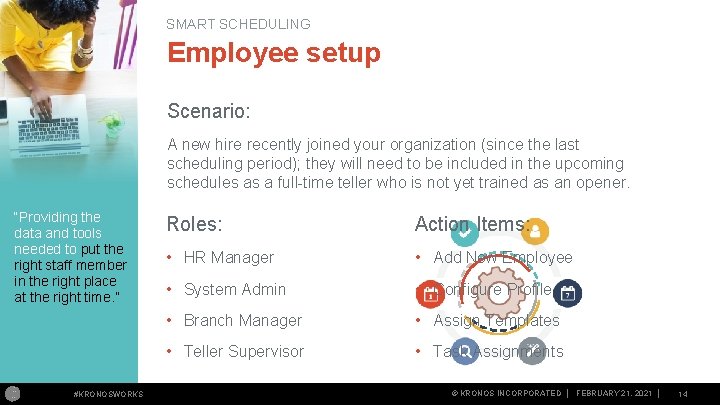 SMART SCHEDULING Employee setup Scenario: A new hire recently joined your organization (since the