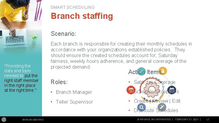 SMART SCHEDULING Branch staffing Scenario: “Providing the data and tools needed to put the