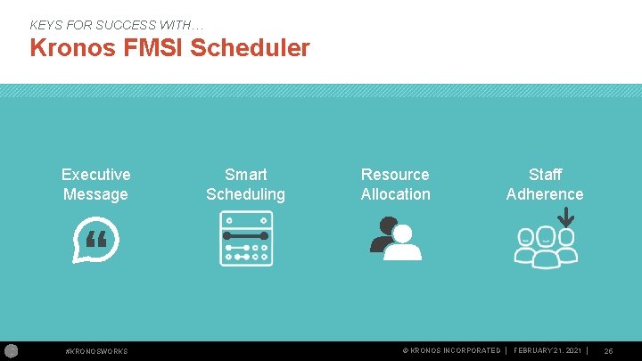 KEYS FOR SUCCESS WITH… Kronos FMSI Scheduler Executive Message #KRONOSWORKS Smart Scheduling Resource Allocation