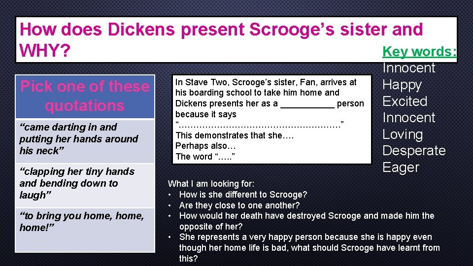 How does Dickens present Scrooge’s sister and Key words: WHY? Pick one of these