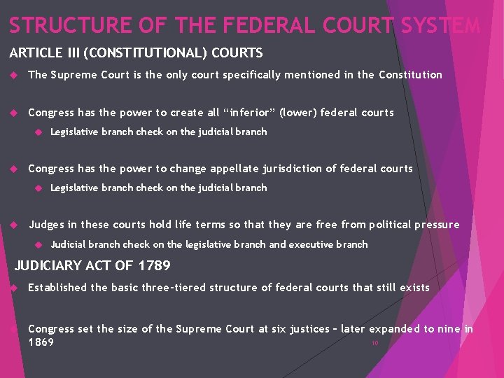 STRUCTURE OF THE FEDERAL COURT SYSTEM ARTICLE III (CONSTITUTIONAL) COURTS The Supreme Court is