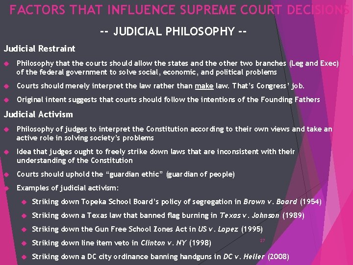 FACTORS THAT INFLUENCE SUPREME COURT DECISIONS -- JUDICIAL PHILOSOPHY -Judicial Restraint Philosophy that the