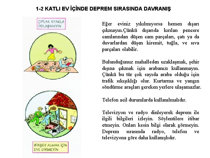 1 -2 KATLI EV İÇİNDE DEPREM SIRASINDA DAVRANIŞ Eğer eviniz yıkılmıyorsa hemen dışarı çıkmayın.