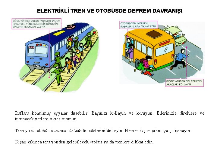 ELEKTRİKLİ TREN VE OTOBÜSDE DEPREM DAVRANIŞI Raflara konulmuş eşyalar düşebilir. Başınızı kollayın ve koruyun.