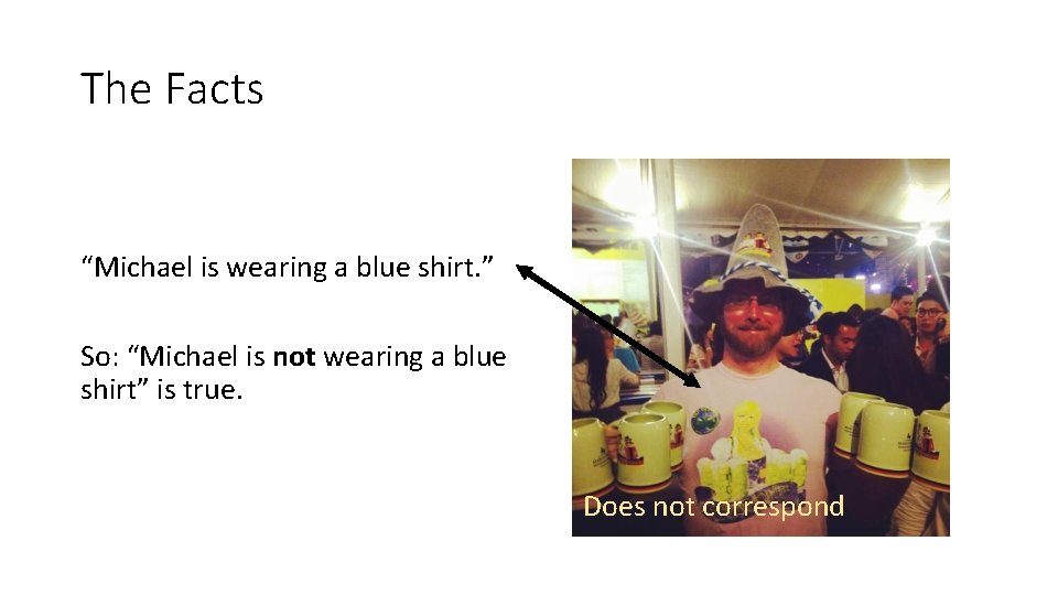 The Facts “Michael is wearing a blue shirt. ” So: “Michael is not wearing