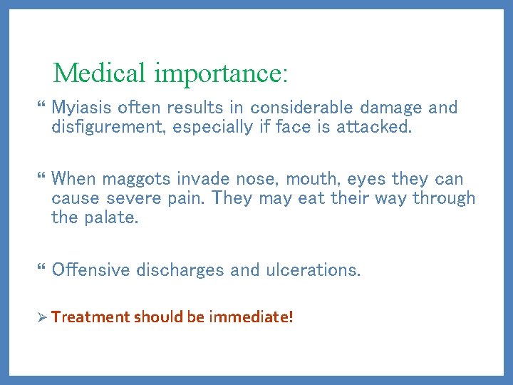 Medical importance: Myiasis often results in considerable damage and disfigurement, especially if face is