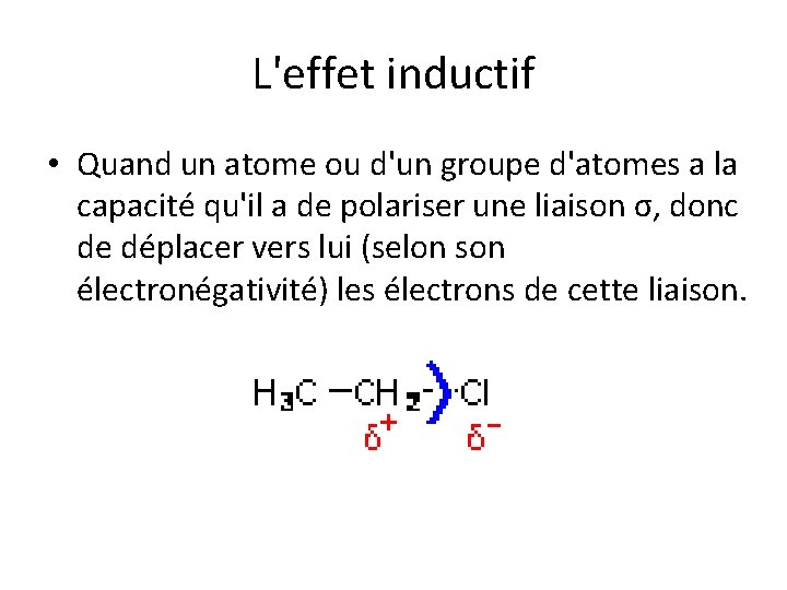 L'effet inductif • Quand un atome ou d'un groupe d'atomes a la capacité qu'il