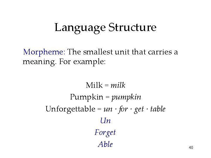 Language Structure Morpheme: The smallest unit that carries a meaning. For example: Milk =