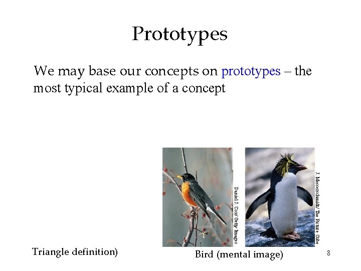 Prototypes We may base our concepts on prototypes – the most typical example of