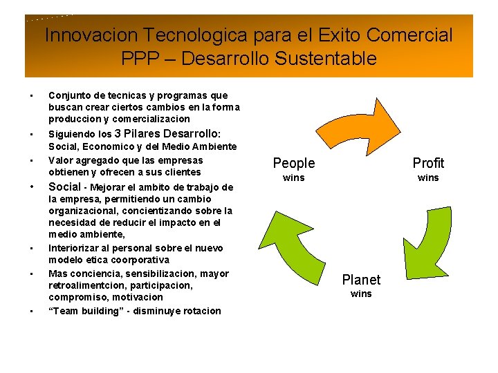 Innovacion Tecnologica para el Exito Comercial PPP – Desarrollo Sustentable • Conjunto de tecnicas