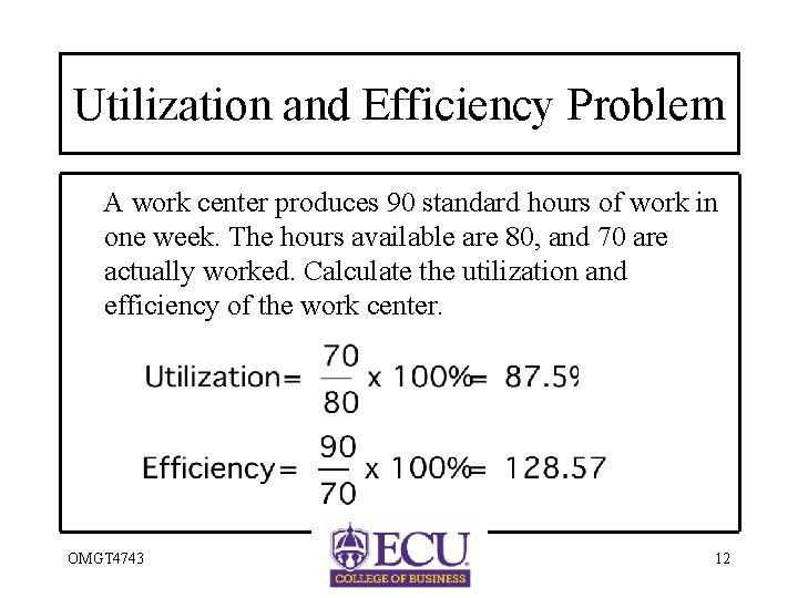 Utilization and Efficiency Problem A work center produces 90 standard hours of work in