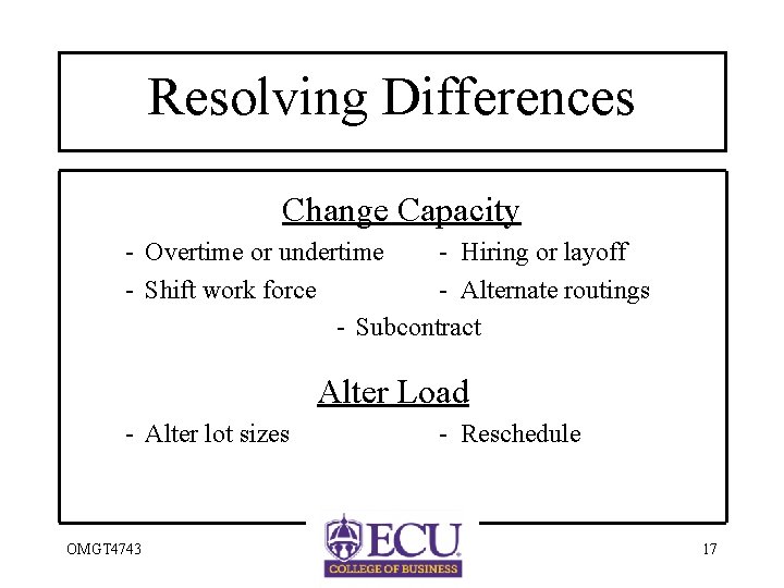 Resolving Differences Change Capacity - Overtime or undertime - Hiring or layoff - Shift