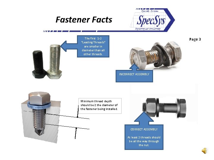 Fastener Facts The first 1 -2 "Leading Threads" are smaller in diameter than all