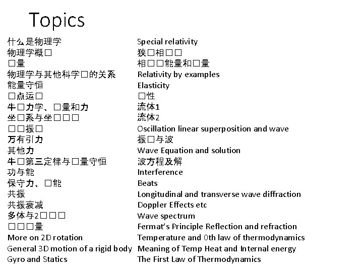 Topics 什么是物理学 物理学概� �量 物理学与其他科学�的关系 能量守恒 �点运� 牛�力学、�量和力 坐�系与坐��� ��振� 万有引力 其他力 牛�第三定律与�量守恒 功与能