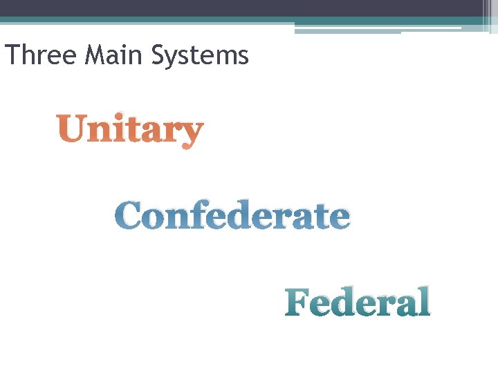 Three Main Systems Unitary Confederate Federal 