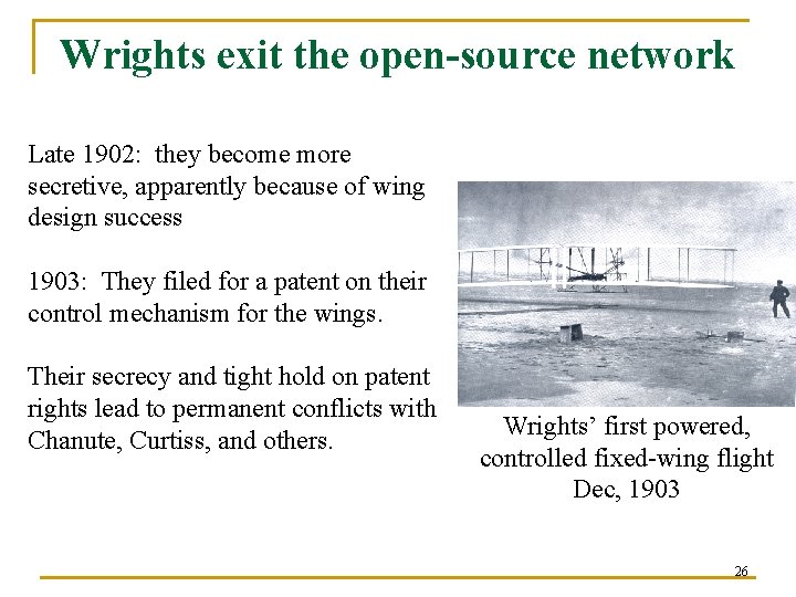Wrights exit the open-source network Late 1902: they become more secretive, apparently because of