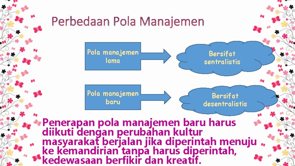 Pola manajemen lama Bersifat sentralistis Pola manajemen baru Bersifat desentralistis Penerapan pola manajemen baru
