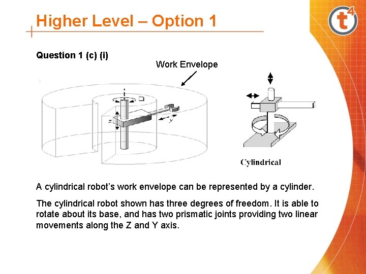 Higher Level – Option 1 Question 1 (c) (i) Work Envelope A cylindrical robot’s
