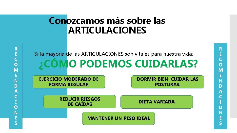 Conozcamos más sobre las ARTICULACIONES R E C O M E N D A