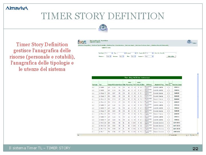TIMER STORY DEFINITION Timer Story Definition gestisce l’anagrafica delle risorse (personale e rotabili), l’anagrafica