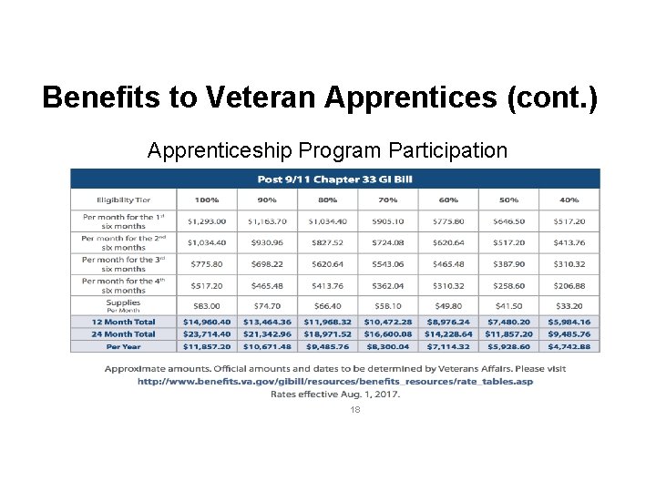 Benefits to Veteran Apprentices (cont. ) Apprenticeship Program Participation 18 