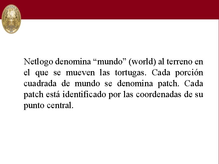 Netlogo denomina “mundo” (world) al terreno en el que se mueven las tortugas. Cada