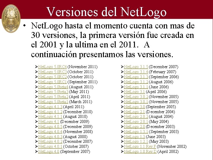 Versiones del Net. Logo • Net. Logo hasta el momento cuenta con mas de