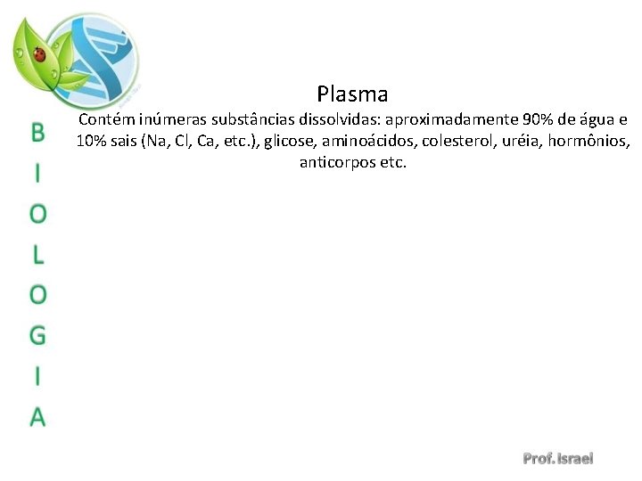 Plasma Contém inúmeras substâncias dissolvidas: aproximadamente 90% de água e 10% sais (Na, Cl,