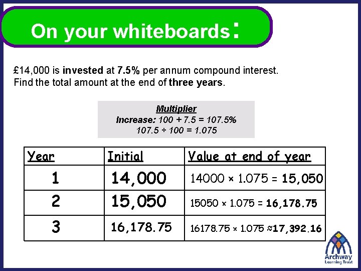 On your whiteboards: £ 14, 000 is invested at 7. 5% per annum compound