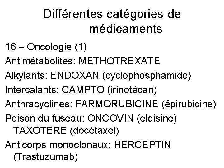 Différentes catégories de médicaments 16 – Oncologie (1) Antimétabolites: METHOTREXATE Alkylants: ENDOXAN (cyclophosphamide) Intercalants: