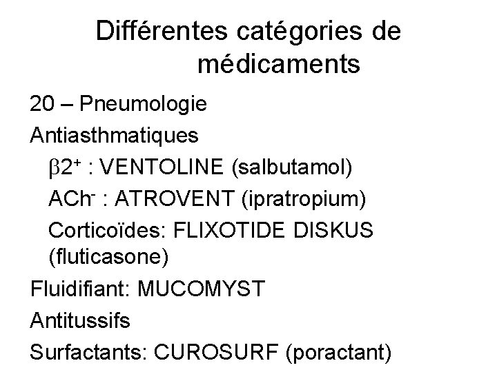 Différentes catégories de médicaments 20 – Pneumologie Antiasthmatiques b 2+ : VENTOLINE (salbutamol) ACh-