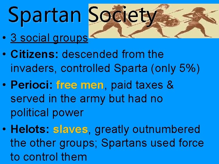 Spartan Society • 3 social groups • Citizens: descended from the invaders, controlled Sparta